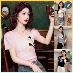 [A329] Áo len nữ Montoghi dệt kim ĐÍNH CÀNH HOA cổ vuông tay ngắn Quảng Châu dáng lửng xinh - L2M (Sale)
