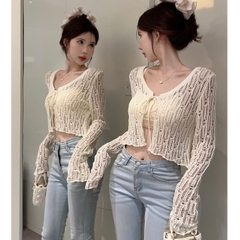 [A402] Áo khoác len lưới Montoghi KIỂU LƯỚI DỌC phối dây buộc dáng lửng tay dài dễ phối đồ - L2M
