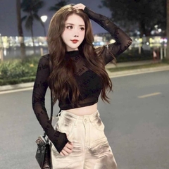 [A414] Áo THUN NHŨ dạng LƯỚI kiểu nữ PHỐI CHỮ NGHIÊNG tặng kèm LÓT TRONG dáng ôm sang chảnh - L2M (New)