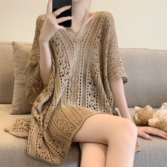 [A419] Áo LƯỚI len dệt kim CHOÀNG ĐUÔI CÁ TAY CÁNH DƠI phom rộng phối rút eo đi biển cá tính - L2M (New)