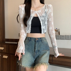 [A420] Áo khoác nữ mỏng nhẹ REN HÌNH HOA CROPTOP phối NÚT mềm mại ôm dáng xinh xắn - L2M (New)