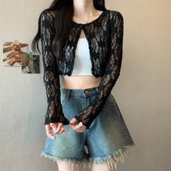 [A420] Áo khoác nữ mỏng nhẹ REN HÌNH HOA CROPTOP phối NÚT mềm mại ôm dáng xinh xắn - L2M (New)