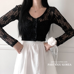 [A420] Áo khoác nữ mỏng nhẹ REN HÌNH HOA CROPTOP phối NÚT mềm mại ôm dáng xinh xắn - L2M (New)
