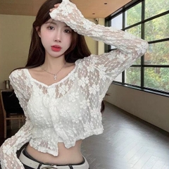 [A420] Áo khoác nữ mỏng nhẹ REN HÌNH HOA CROPTOP phối NÚT mềm mại ôm dáng xinh xắn - L2M (New)