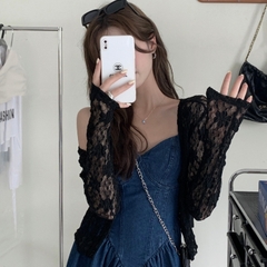 [A420] Áo khoác nữ mỏng nhẹ REN HÌNH HOA CROPTOP phối NÚT mềm mại ôm dáng xinh xắn - L2M (New)