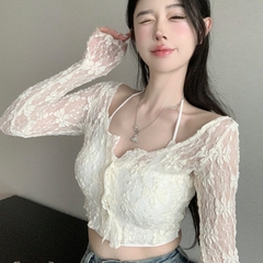 [A420] Áo khoác nữ mỏng nhẹ REN HÌNH HOA CROPTOP phối NÚT mềm mại ôm dáng xinh xắn - L2M (New)