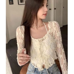 [A420] Áo khoác nữ mỏng nhẹ REN HÌNH HOA CROPTOP phối NÚT mềm mại ôm dáng xinh xắn - L2M (New)