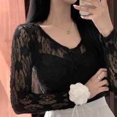 [A420] Áo khoác nữ mỏng nhẹ REN HÌNH HOA CROPTOP phối NÚT mềm mại ôm dáng xinh xắn - L2M (New)