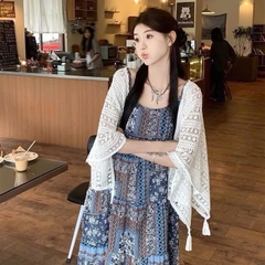 [A422] Áo LƯỚI len dệt kim CHOÀNG PHỐI TUA phom rộng mặc ngoài đi biển vintage dịu dàng - L2M