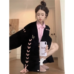 [A398] Áo khoác len nữ Cardigan PHỐI DÂY HÌNH TIM kèm TAG CÀI phom rộng vải dày dặn cực xịn - L2M  (New)