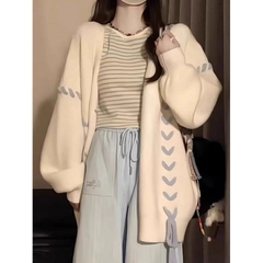 [A398] Áo khoác len nữ Cardigan PHỐI DÂY HÌNH TIM kèm TAG CÀI phom rộng vải dày dặn cực xịn - L2M  (New)
