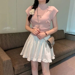 [A397] Áo len nữ Montoghi dệt kim PHỐI NƠ CÙNG MÀU kiểu RÚT EO vai hến xinh xắn siêu tôn dáng - L2M  (New)