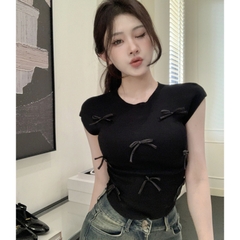 [A397] Áo len nữ Montoghi dệt kim PHỐI NƠ CÙNG MÀU kiểu RÚT EO vai hến xinh xắn siêu tôn dáng - L2M  (New)