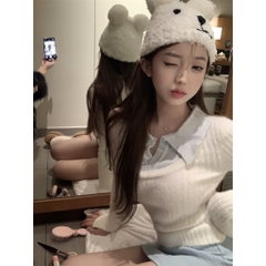 [A399] Áo len lông Montoghi Quảng Châu TAY XẺ PHỐI CỔ POLO kiểu GILE dáng croptop xinh xắn - L2M  (New)