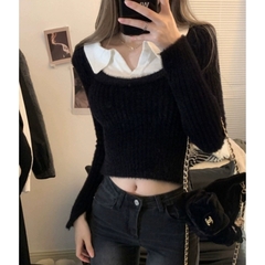 [A399] Áo len lông Montoghi Quảng Châu TAY XẺ PHỐI CỔ POLO kiểu GILE dáng croptop xinh xắn - L2M  (New)