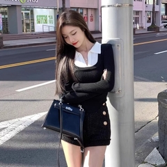 [A399] Áo len lông Montoghi Quảng Châu TAY XẺ PHỐI CỔ POLO kiểu GILE dáng croptop xinh xắn - L2M  (New)