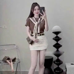 [A425] Áo thun kiểu nữ CỔ PHỐI KHĂN VIỀN LƯNG VUÔNG có logo mềm mịn co giãn 4 chiều loại 1 - L2M