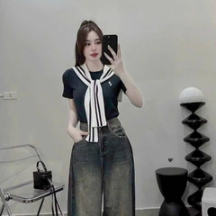 [A425] Áo thun kiểu nữ CỔ PHỐI KHĂN VIỀN LƯNG VUÔNG có logo mềm mịn co giãn 4 chiều loại 1 - L2M