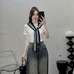 [A425] Áo thun kiểu nữ CỔ PHỐI KHĂN VIỀN LƯNG VUÔNG có logo mềm mịn co giãn 4 chiều loại 1 - L2M