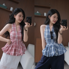 [A432] Áo kiểu nữ CỔ YẾM KẺ CARO có mút vạt xòe phối lưng chun tôn dáng xinh xắn hot trend - L2M (New)