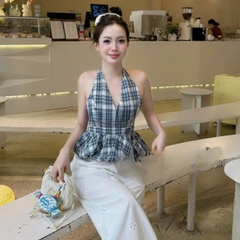 [A432] Áo kiểu nữ CỔ YẾM KẺ CARO có mút vạt xòe phối lưng chun tôn dáng xinh xắn hot trend - L2M (New)