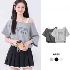 [A435] SET 2 ÁO NHÚM EO NỬA TRƯỚC thun cổ tròn phối chữ POINT dáng croptop trễ vai siêu xinh - L2M (New)