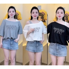 [A435] SET 2 ÁO NHÚM EO NỬA TRƯỚC thun cổ tròn phối chữ POINT dáng croptop trễ vai siêu xinh - L2M (New)
