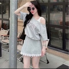 [A435] SET 2 ÁO NHÚM EO NỬA TRƯỚC thun cổ tròn phối chữ POINT dáng croptop trễ vai siêu xinh - L2M (New)