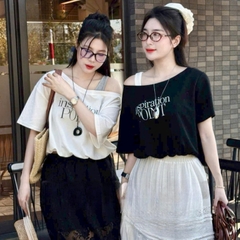 [A435] SET 2 ÁO NHÚM EO NỬA TRƯỚC thun cổ tròn phối chữ POINT dáng croptop trễ vai siêu xinh - L2M (New)
