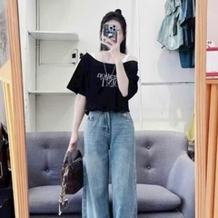 [A435] SET 2 ÁO NHÚM EO NỬA TRƯỚC thun cổ tròn phối chữ POINT dáng croptop trễ vai siêu xinh - L2M (New)