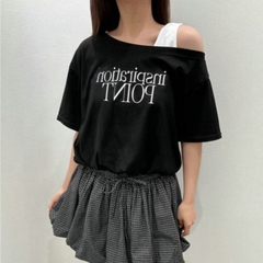 [A435] SET 2 ÁO NHÚM EO NỬA TRƯỚC thun cổ tròn phối chữ POINT dáng croptop trễ vai siêu xinh - L2M (New)