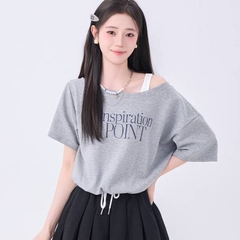 [A435] SET 2 ÁO NHÚM EO NỬA TRƯỚC thun cổ tròn phối chữ POINT dáng croptop trễ vai siêu xinh - L2M (New)