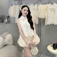 [A436] SET Áo XÔ REN kiểu nữ CỔ SEN PHỐI HOA sát nách phối VÁY BÍ TƠ sang chảnh xinh xắn - L2M (New)