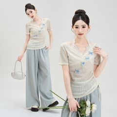 [A438] Áo len kiểu nữ PHỐI REN CỔ YẾM ĐÍNH NƠ dây rút 1 bên eo hàng Quảng Châu xinh xắn - L2M (New)