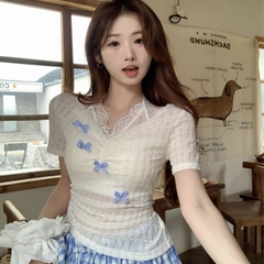 [A438] Áo len kiểu nữ PHỐI REN CỔ YẾM ĐÍNH NƠ dây rút 1 bên eo hàng Quảng Châu xinh xắn - L2M (New)