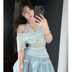 [A438] Áo len kiểu nữ PHỐI REN CỔ YẾM ĐÍNH NƠ dây rút 1 bên eo hàng Quảng Châu xinh xắn - L2M (New)