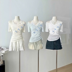 [A438] Áo len kiểu nữ PHỐI REN CỔ YẾM ĐÍNH NƠ dây rút 1 bên eo hàng Quảng Châu xinh xắn - L2M (New)