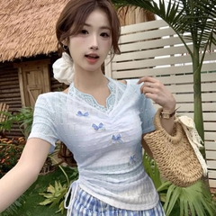 [A438] Áo len kiểu nữ PHỐI REN CỔ YẾM ĐÍNH NƠ dây rút 1 bên eo hàng Quảng Châu xinh xắn - L2M (New)