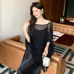 [A440] Áo LƯỚI len Montoghi dệt kim CHUI ĐẦU VẠT NHỌN phối choàng phong cách sang trọng - L2M (New)