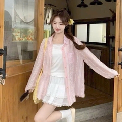 [A439] Set (2 MÓN) Áo sơ mi kiểu nữ MỎNG HÌNH REN HOA tay dài phối lót IN NƠ hot trend - L2M (New)