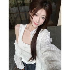 [A439] Set (2 MÓN) Áo sơ mi kiểu nữ MỎNG HÌNH REN HOA tay dài phối lót IN NƠ hot trend - L2M (New)