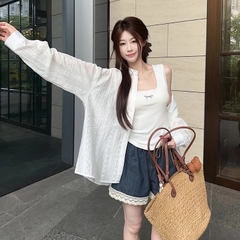 [A439] Set (2 MÓN) Áo sơ mi kiểu nữ MỎNG HÌNH REN HOA tay dài phối lót IN NƠ hot trend - L2M (New)