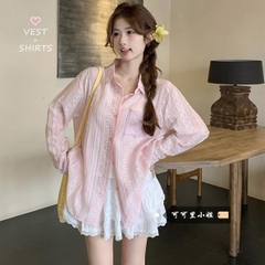 [A439] Set (2 MÓN) Áo sơ mi kiểu nữ MỎNG HÌNH REN HOA tay dài phối lót IN NƠ hot trend - L2M (New)