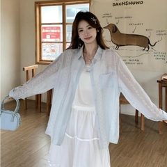 [A439] Set (2 MÓN) Áo sơ mi kiểu nữ MỎNG HÌNH REN HOA tay dài phối lót IN NƠ hot trend - L2M (New)