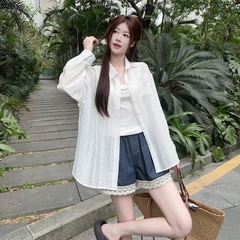 [A439] Set (2 MÓN) Áo sơ mi kiểu nữ MỎNG HÌNH REN HOA tay dài phối lót IN NƠ hot trend - L2M (New)
