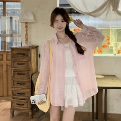 [A439] Set (2 MÓN) Áo sơ mi kiểu nữ MỎNG HÌNH REN HOA tay dài phối lót IN NƠ hot trend - L2M (New)