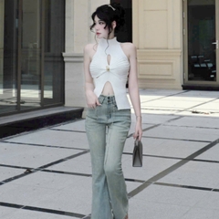 [A442] Áo len Montoghi dệt kim 3 lỗ CUT OUT CÀI KHUY GIỮA  dáng xẻ tà ôm body tôn dáng - L2M (New)