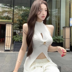 [A442] Áo len Montoghi dệt kim 3 lỗ CUT OUT CÀI KHUY GIỮA  dáng xẻ tà ôm body tôn dáng - L2M (New)
