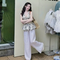 [A446] Set Áo kiểu CỔ YẾM VẼ HOA VĂN có mút kèm QUẦN TƠ GÃY 2 lớp ống rộng lưng chun tôn dáng - L2M (New)