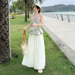 [A446] Set Áo kiểu CỔ YẾM VẼ HOA VĂN có mút kèm QUẦN TƠ GÃY 2 lớp ống rộng lưng chun tôn dáng - L2M (New)